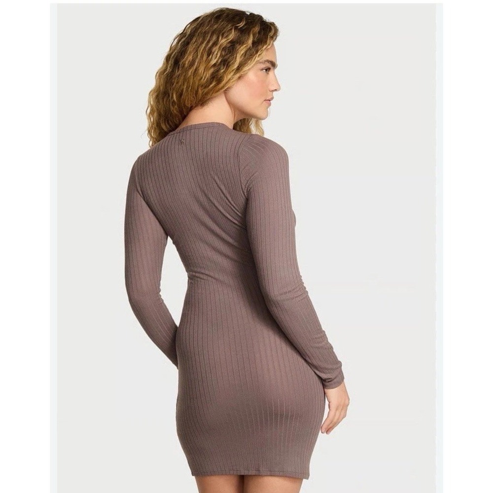 NEW Pink Victoria's Secret Size Large L Stretch Sexy Dress Brown Rib LS Lounge - Picture 10 of 11